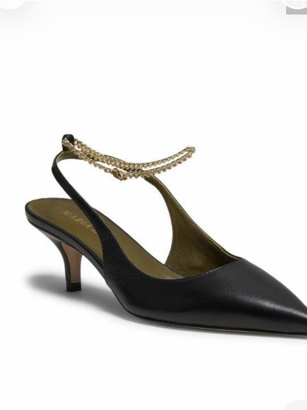 Maria Luca Black Leather Slingback Kitten Heel wGold Chain Accent Euro 37/ US 7